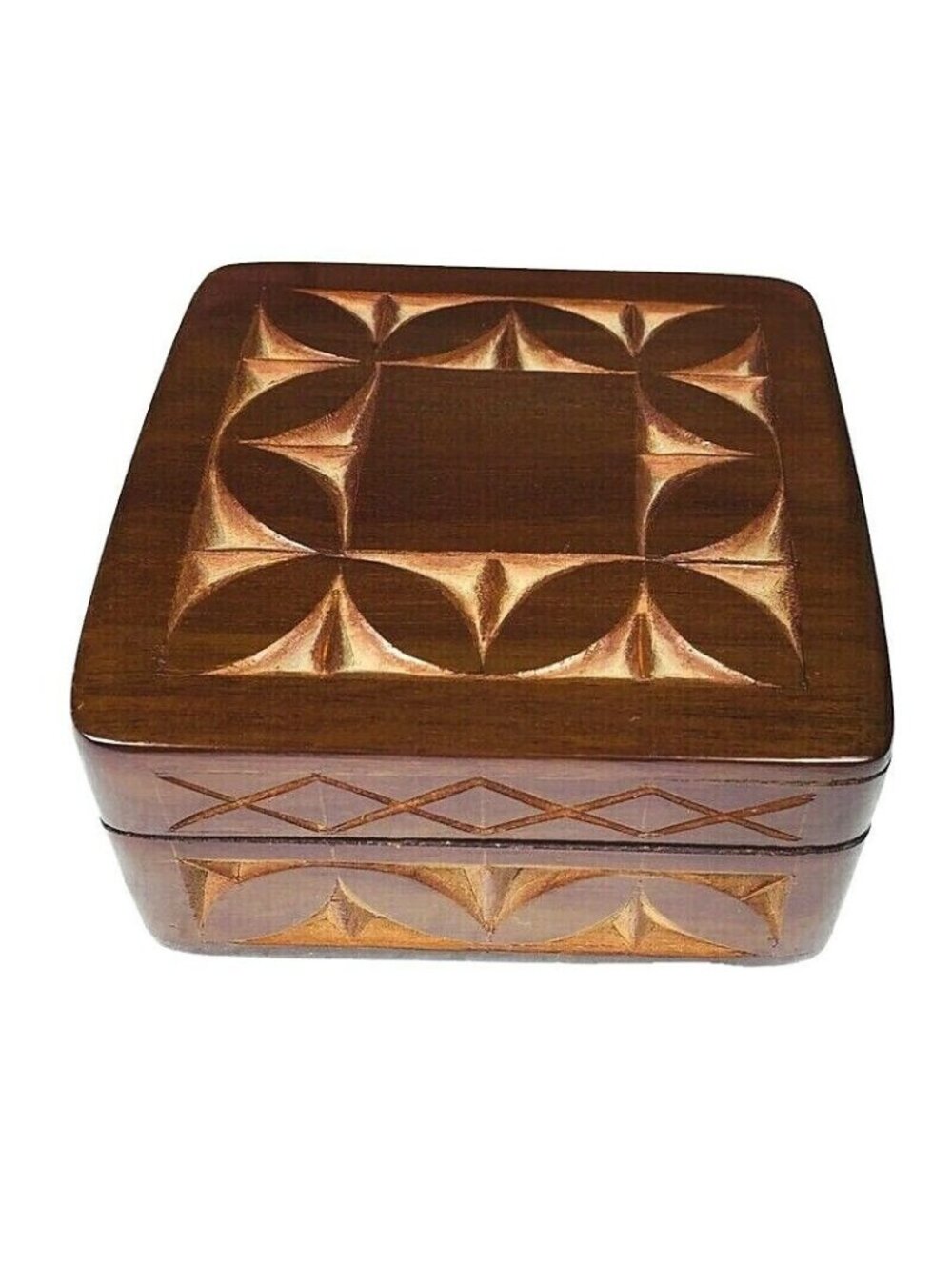 Small Hand Carved Wood Treasure Trinket Jewelry Storage box With Lid 4 x 4 in.